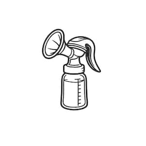 May include: Black and white line drawing of a manual breast pump. The pump includes a funnel-shaped breast shield, a handle, and a bottle with measurement markings.