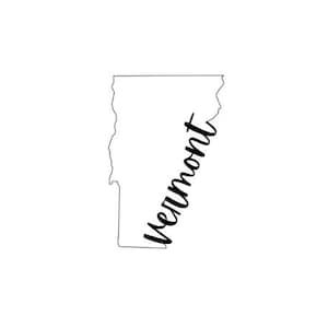 May include: A minimalist black and white graphic featuring the outline of the state of Vermont. The word "Vermont" is written in a cursive font, angled across the state's shape. The design is simple and clean.