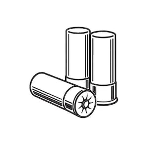 May include: Black and white line art illustration of three shotgun shells. Two shells stand upright, while the third lies on its side, showcasing the detailed base design.