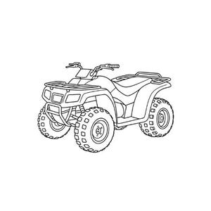 May include: Line drawing of an all-terrain vehicle (ATV). The ATV has four large, knobbly tyres, a handlebar, a seat, and front and rear cargo racks. The ATV is black and white.