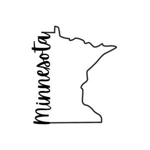 May include: A minimalist black and white graphic featuring the outline of the state of Minnesota. The word "Minnesota" is written vertically in a cursive font along the left side of the state's shape. The design is simple and clean.