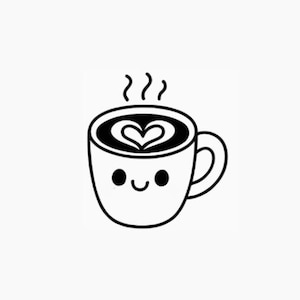 May include: A black and white illustration of a coffee cup with a smiling face. The coffee has a heart-shaped design in the foam, and steam rises from the top. The cup has a handle and is set against a white background.