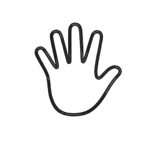 Op de afbeelding: Een zwarte omtrek van een hand, handpalm naar voren, met gespreide vingers. De hand is een eenvoudige, grafische illustratie, tegen een effen witte achtergrond. Het ontwerp is strak en minimalistisch.