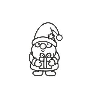 May include: A black and white line art illustration of a gnome wearing a tall hat with a star detail. The gnome has a round nose, a full beard, and is holding a small square gift box with a bow in its hands. The design features clean outlines.