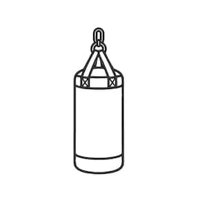 Op de afbeelding: Lijntekening van een cilindrische bokszak, opgehangen aan een ketting. De zak is wit met zwarte contouren en de bovenkant heeft een versterkte structuur. Deze apparatuur wordt gebruikt voor boksen en vechtsporttraining.