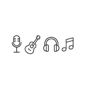 Puede incluir: Ilustración en blanco y negro de iconos musicales. Incluye un micrófono, una guitarra acústica, unos auriculares y una nota musical, dispuestos horizontalmente sobre fondo blanco.
