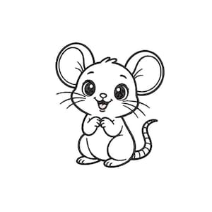 May include: A black and white cartoon illustration of a mouse. The mouse has large, round eyes, a smiling mouth, and large ears. Its paws are clasped together, and it has a long, curved tail. The mouse is sitting upright.