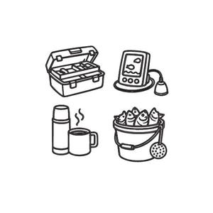 May include: Black and white line art illustrations of fishing-related items. Includes a tackle box, fish finder, thermos with a mug, and a bucket of fish with a net.
