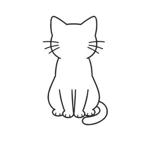 Puede incluir: Ilustración sencilla en blanco y negro de un gato sentado. El gato está representado con líneas negras, mostrando su cabeza, bigotes y una cola enroscada. Las patas del gato están dobladas debajo de su cuerpo, creando una pose simétrica.