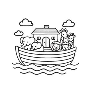 May include: Black and white line art illustration of Noah's Ark with pairs of animals. The ark has a house-like structure with a door and a chimney. Two elephants, two lions, and two giraffes are visible. Clouds and water are also depicted.