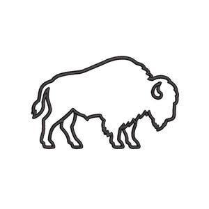 May include: A black outline of a bison on a white background. The bison is depicted in a side profile, showcasing its distinctive hump, horns, and shaggy fur. The image is a simple, clean design.