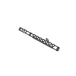 May include: A black and white line art illustration of a transverse flute. The instrument is depicted at an angle, showing the embouchure hole, a series of circular keys along the body, and the open end of the cylindrical tube in a simple style.