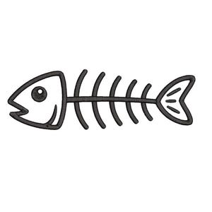 以下が含まれることがあります： 魚の骨格の白黒イラスト。目と口のある魚の頭、肋骨のある背骨、尾びれが特徴です。画像はシンプルな線画スタイルの描画です。