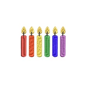 May include: Six embroidered candles in a row, each a different color: red, orange, yellow, green, blue, and purple. Each candle has a yellow flame at the top. The candles are set against a plain white background.