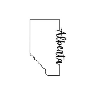 May include: A minimalist black and white graphic featuring the outline of the Canadian province of Alberta. The word "Alberta" is written in a cursive font along the right side of the province's shape. The design is simple and clean.