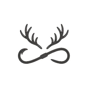 May include: Black antler design with two sets of antlers and a fishing hook shape. The antlers are positioned above the hook, creating a decorative and rustic design. The image is set against a clean white background.