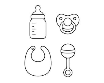 Baby Items Machine Embroidery Designs | 4 Separate Designs: Bottle, Bib, Rattle, Pacifier | 5 Sizes Each