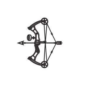May include: A black compound bow with an arrow, set against a white background. The bow features a sight, string, and a detailed design. The arrow is positioned horizontally, ready to be launched. This image is suitable for archery enthusiasts.