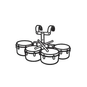 Op de afbeelding: Lijntekening van een drumstel met vier drums, een standaard en drumstokken. De drums zijn cirkelvormig met een donkere omtrek en de standaard heeft een gebogen bovenkant. De drumstokken kruisen elkaar over de drums.