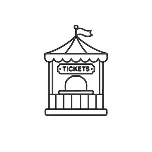 May include: Black and white line drawing of a ticket booth. The booth has a peaked roof with a small flag on top. The word "TICKETS" is displayed on a sign above the ticket window. The booth is a simple, stylized illustration.