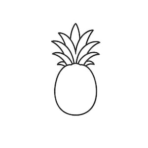 May include: A simple black and white line drawing of a pineapple. The illustration features a rounded oval body with a series of pointed, leaf-like shapes extending from the top, all rendered in a clean, minimalist outline style on a plain background.