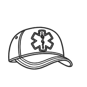 May include: A black and white baseball cap featuring the Star of Life emblem, commonly associated with emergency medical services. The cap has a curved brim and a structured design, suitable for outdoor wear.