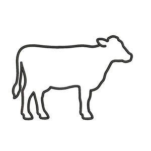 May include: A simple black line drawing of a cow in profile, facing to the right. The illustration features a continuous outline of the animal's body, including the head, ears, four legs, and a tail, set against a plain white background.