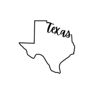 May include: A black outline of the state of Texas on a white background. The word "Texas" is written in a cursive font across the state's outline.
