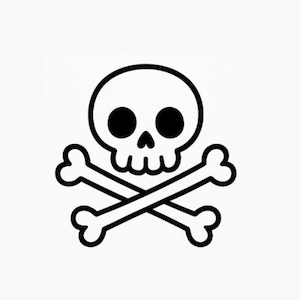 May include: A black and white illustration of a skull with crossed bones. The skull has large, round eye sockets and a small nose. The crossed bones are positioned beneath the skull.