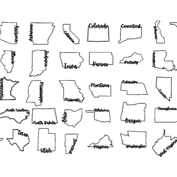 May include: A collection of hand-drawn outlines of U.S. states, each labeled with its name in a handwritten font. The black and white illustration includes states like California, Texas, and New York, perfect for educational or decorative purposes.