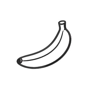 Op de afbeelding: Zwart-witte omtrekillustratie van een banaan. De banaan is gebogen, met een steel aan de bovenkant en een klein, afgerond uiteinde. De afbeelding heeft een witte achtergrond.