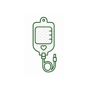 May include: A green line drawing of an IV bag with a heart symbol and measurement lines. The bag has a hanging loop at the top and a tube with a connector at the bottom. The background is white.