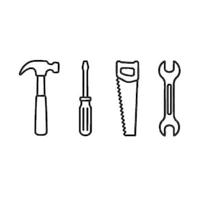 May include: Line art illustration of four tools: a hammer, a screwdriver, a hand saw, and a wrench. The tools are black and white and arranged horizontally against a white background. The image is a simple, clean design.