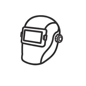 May include: A black and white line art illustration of a welding helmet. The helmet features a rectangular viewing window on the front and a circular adjustment knob on the side, depicted with clean, bold outlines against a plain background.