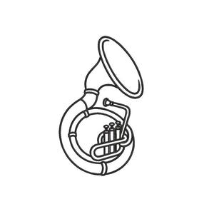 Op de afbeelding: Een zwart-wit lijntekening van een tuba muziekinstrument. De afbeelding toont de cirkelvormige buizen, de grote uitlopende beker die naar boven wijst, en het ventielblok met drie verticale ventielen en een mondstuk.