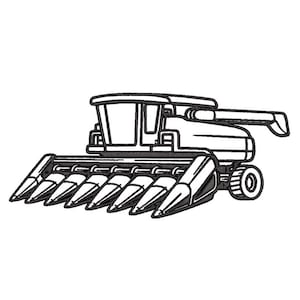 Puede incluir: Dibujo lineal de una cosechadora, una máquina agrícola grande utilizada para la recolección de cultivos. La imagen muestra las cuchillas de corte delanteras, la cabina y las ruedas traseras. El dibujo es en blanco y negro.