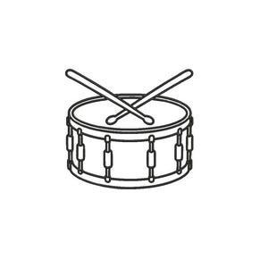 May include: A black and white line art illustration of a snare drum with two drumsticks crossed on top. The drum features a cylindrical body with vertical tension rods and lugs around the perimeter, depicted in a simple, clean graphic style.
