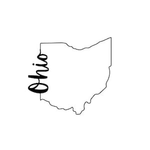 May include: A minimalist black and white graphic of the state of Ohio. The word "Ohio" is written in a cursive font along the left side of the state outline. The design is simple and clean.