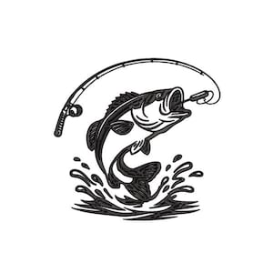 Könnte beinhalten: Schwarz-Weiß-Illustration eines Großmaulbasses, der aus dem Wasser springt und an einer Angelrute hängt. Wasserspritzer umgeben den Fisch und erzeugen eine dynamische Szene. Die Angelrute ist gebogen.