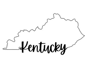 May include: A black outline of the state of Kentucky on a white background. The word "Kentucky" is written in a cursive font below the state outline.
