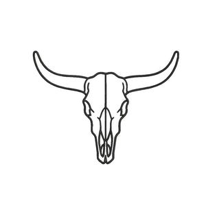 May include: A black and white line art illustration of a steer skull. The graphic features a symmetrical outline of the cranium with two long, curved horns extending outward from the top, rendered in a clean, minimalist vector style.