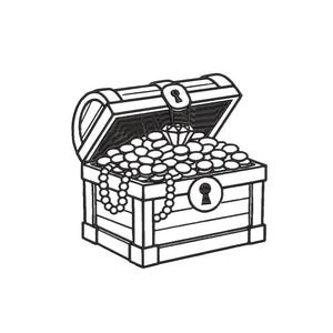 以下が含まれることがあります： 金貨、ダイヤモンド、真珠のネックレスが詰まった、開いた宝箱の白黒イラスト。木製の宝箱には前面に鍵穴があります。