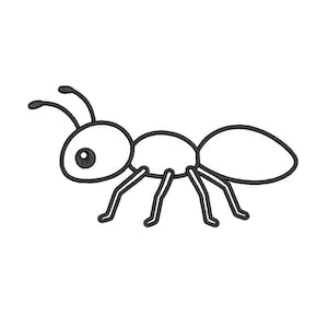 以下が含まれることがあります： 横から見たアリの白黒線画イラスト。アリは2本の触角がある丸い頭部、節のある体、6本の細い脚が特徴です。目は小さな白いハイライトが入った真っ黒な円として描かれています。