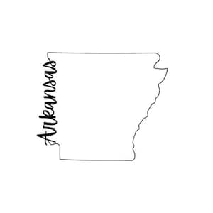 May include: A minimalist black and white outline of the state of Arkansas. The word "Arkansas" is written vertically in a cursive font along the left side of the state's outline.