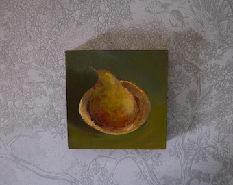 May include: An oil painting on a square panel depicting a single yellow and brown pear resting inside a small, shallow, light-colored bowl. The background of the painting is a solid, dark olive green, creating a contrast with the fruit.