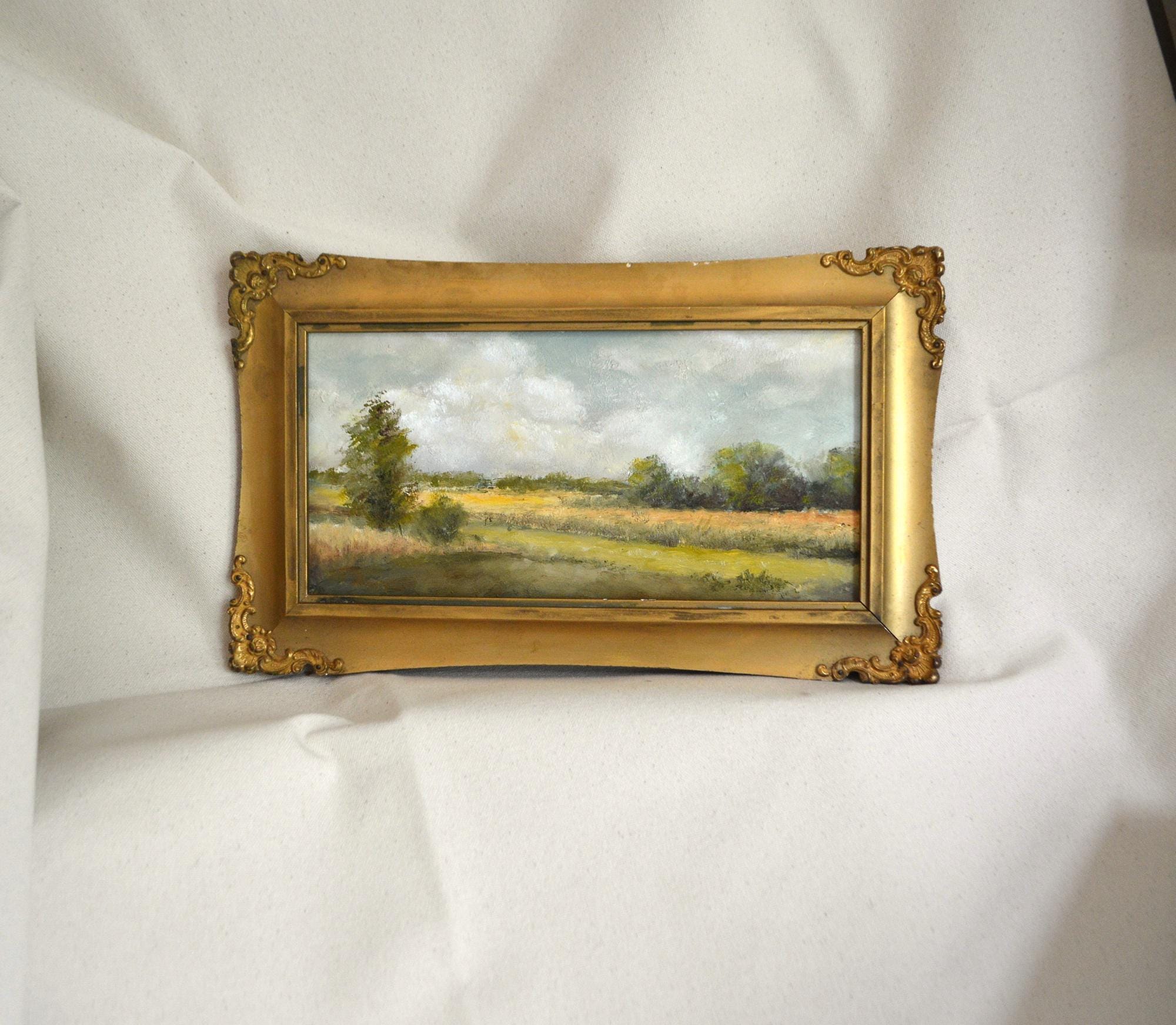 rural landscape painting oil on linen canvas in long antique wood frame original ooak panorama art NOT a print Fields Of Gold