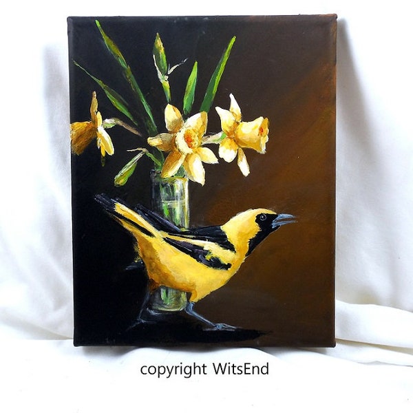 Daffodil Bird painting ooak still life art yellow tailed oriole Living Gold