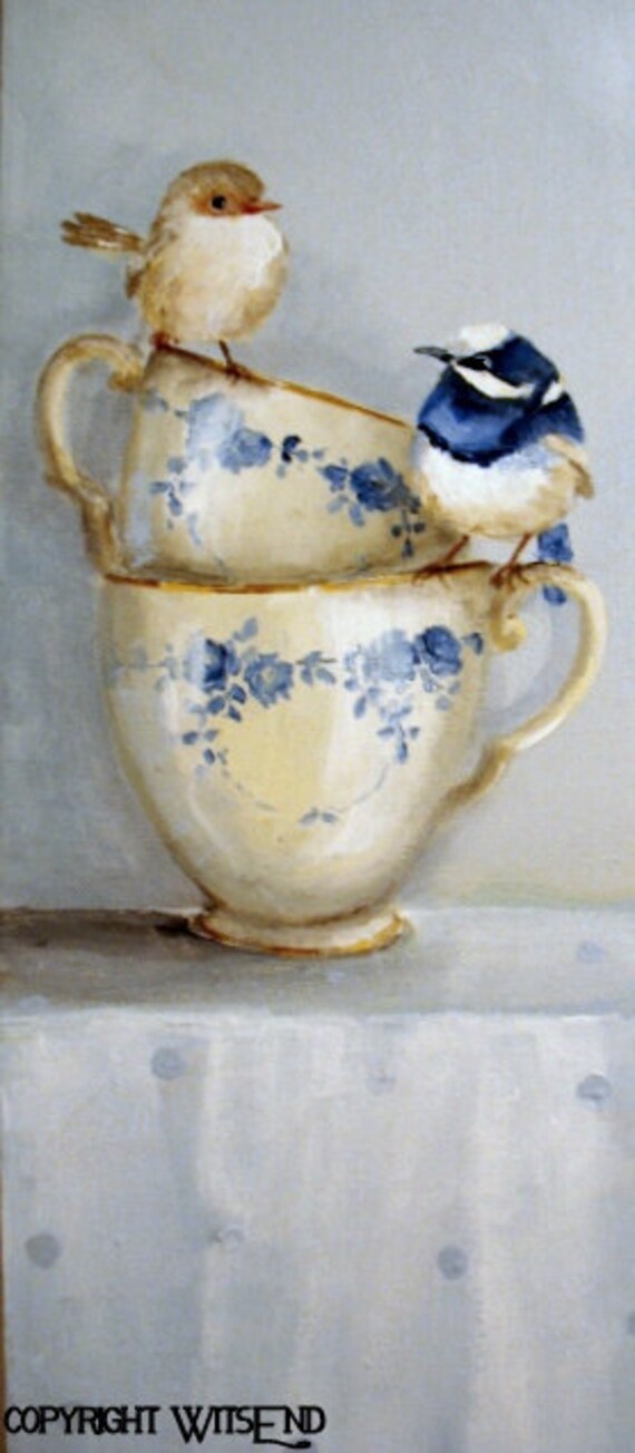 Birds Teacups painting ooak original tea cup still life art Etsy