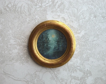 forest landscape painting nocturne in vintage gold Florentine round frame original art oil NOT a print The Haunting Moon