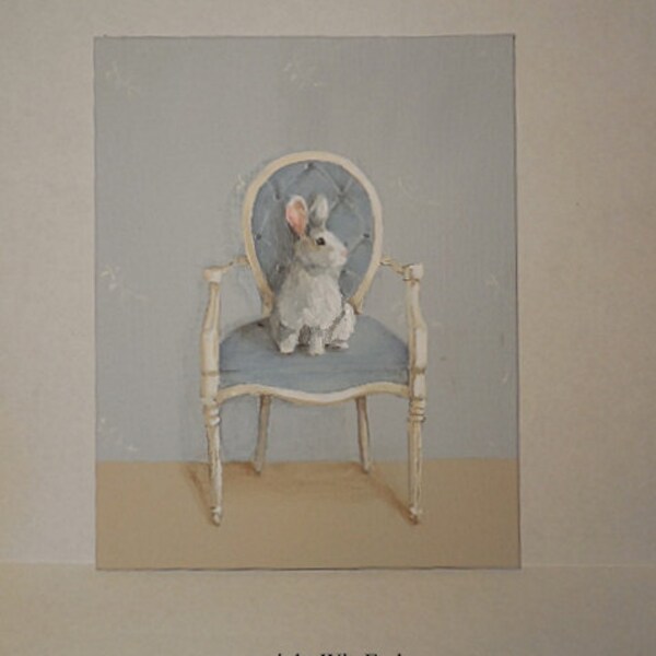 Bunny Chair painting original still life The White Rabbit and the Blue Velvet Chair